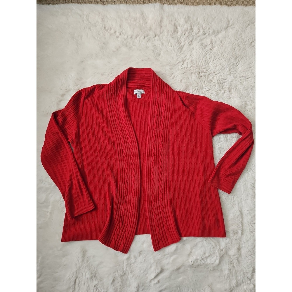 Kim Rogers Red Cable Knit Open Front Cardigan Sweater Petite Large PL